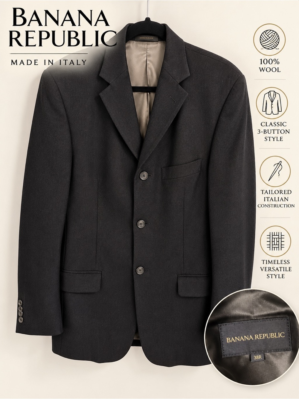 Banana Republic Men’s 38R 100% Wool Blazer Made in Italy Charcoal 3 Button